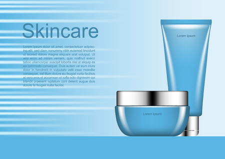 Cosmetic ads template, skincare set with shining light on blue backgroundのイラスト素材