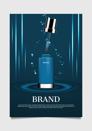 Serum with small glittering lights and vertical lines on blue background, vector cosmetic adのイラスト素材