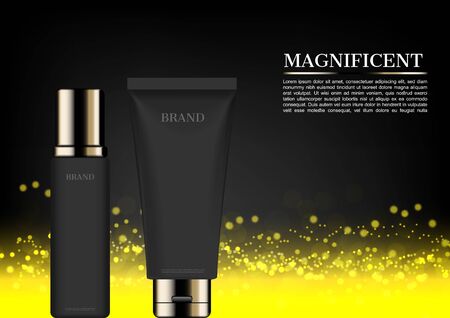 Black skincare set with gold glowing light floor on dark background, vector premium cosmetic adのイラスト素材