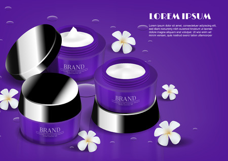 Cosmetic set surrounded by with flowers and water drop on purple floorのイラスト素材