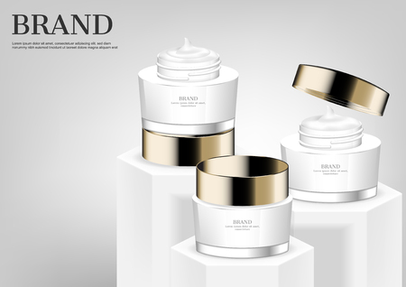 Three cosmetic cream on white stands with gray backgroundのイラスト素材