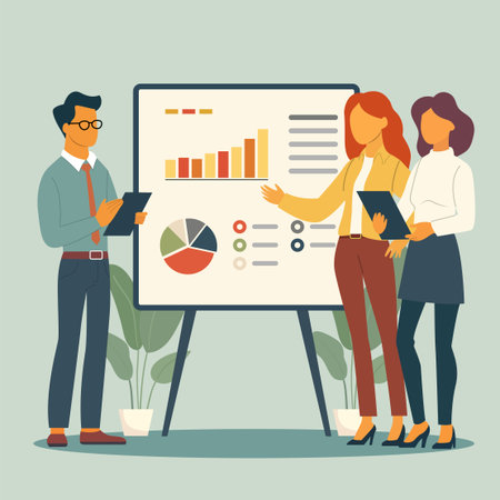 Business professionals delivering a presentation utilizing a whiteboardのイラスト素材