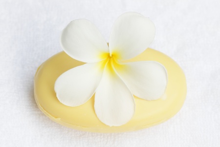 white towel,plumeria flower and soapの写真素材