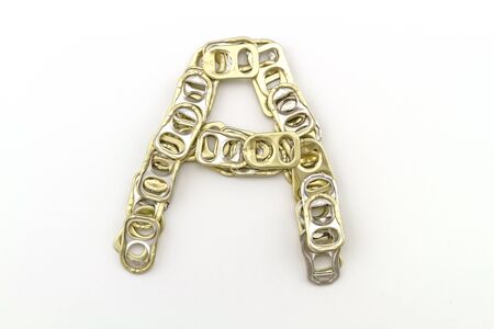 Alphabet  of A stack from  ring pull aluminum of cans on white backgroundの写真素材