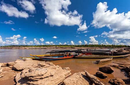 Wooden boat at stone canyon   Sam Pan Bok in Me Kong river. Ubonratchathani Province ,Thailandの写真素材