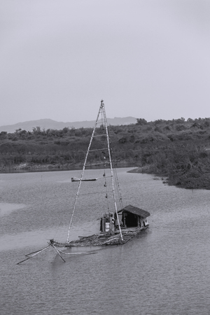 Thai style fishing boat in lake, Net Fishing Thailand, Thailand Shrimp Fishing, at Mekong river Thailand.の写真素材