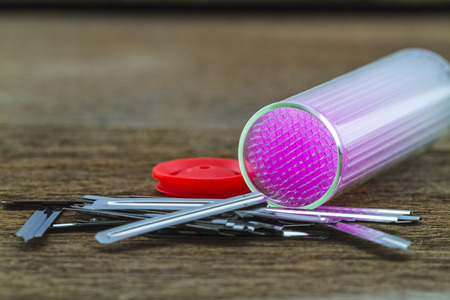 Close up  capillary tube with blood lancet , Medical equipment on wooden  background,selective...