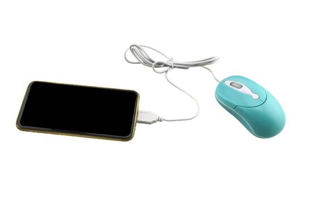 computer mouse and cell phone concept  communication on white background.Saved   .