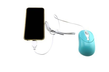 computer mouse and cell phone concept  communication on white background.Saved   .