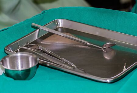 Close up set of metal Dentist's medical equipment toolsの写真素材