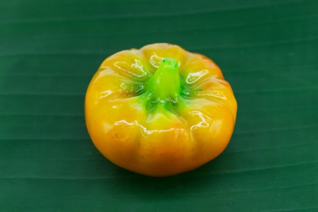 pumkin lookchoob thai dessert on banana leafの写真素材