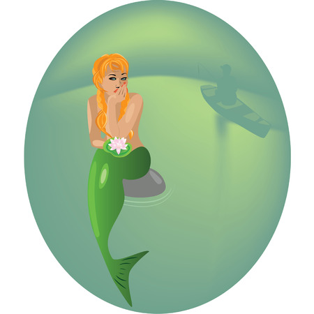 Love the mermaid looks at the fisherman. Evening on the lake.のイラスト素材