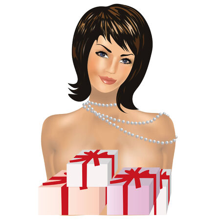 A girl in a necklace of pearls with giftsのイラスト素材