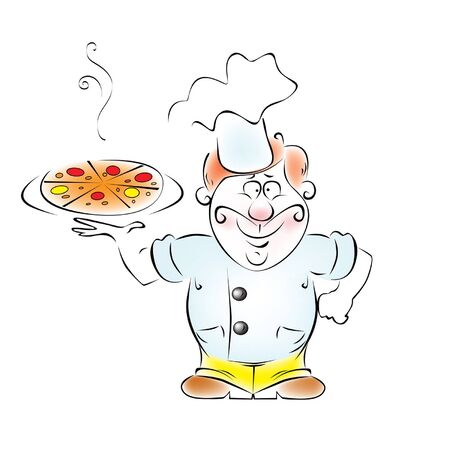 Illustration cooks the pizza in his handのイラスト素材