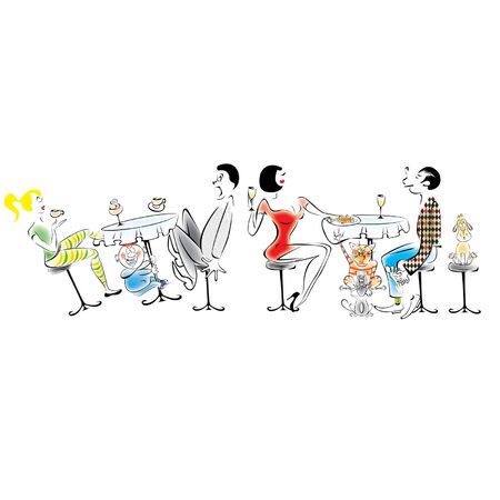 Street cafe. Two cats - the thief steal the fish. Near the boy shakes the table, behind which sit the parents.のイラスト素材