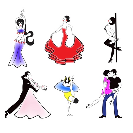Illustration of the six major dance styles: ballroom dance, hip hop, rumba, belly dancing, flamenco, erotic danceのイラスト素材