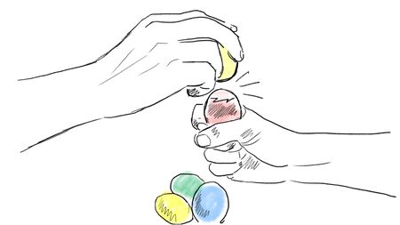 Battle with eggs on Easter.Drawing with colored pencilsの写真素材