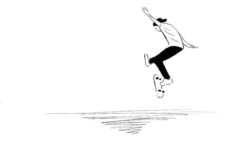 Jumping on a skateboard. Pencil drawing on white backgroundの写真素材