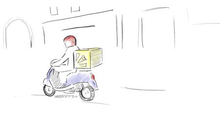 Pizza delivery guy rides a scooter around the city. Drawing with colored pencilsの写真素材