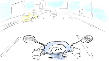 Ride a scooter on behalf of the driver on a city road. Drawing with pencilsの写真素材