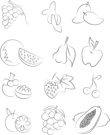 thai fruit vector set drawing icon black and whiteのイラスト素材