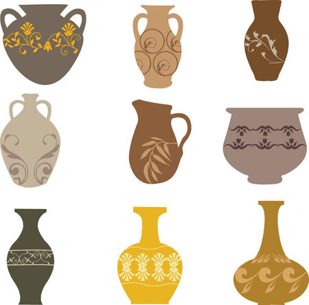 Pottery Collection clay pots jugs made out of clay and carefully coloredのイラスト素材