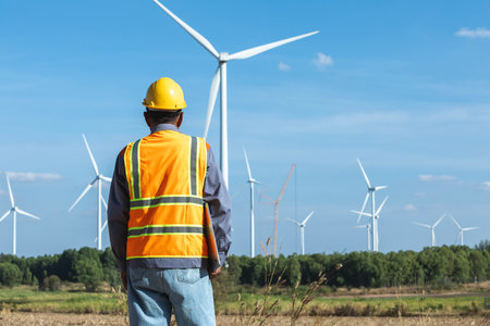 Male engineer wearing uniform safety vest and yellow helmet standing backwards looking at wind...