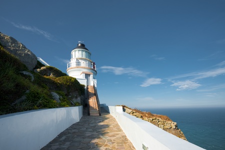 A below perspective of the  picturesque Dongyong lighthouse on Dongyin island in the Matsu archipelago of Taiwan.  Horizontalの写真素材