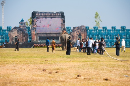 SURIN, ISAN, THAILAND - NOVEMBER 20, 2010: An elephant battles a group of audience members in a friendly tug of war at the annual Surin Elephant Roundup on November 20, 2010 in Surin, Thailandのeditorial素材