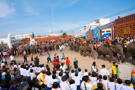 SURIN, ISAN, THAILAND - NOVEMBER 19, 2010: A special elephant breakfast is served at the end of the parade as spectators watch at the annual Surin Elephant Roundup on November 19, 2010 in Surin, Thailandのeditorial素材