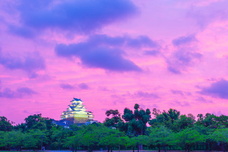 Distant view of the newly restored Himeji-jo castle with wide open, colorful, purple sky during a summer evening in Himeji, Japan after renovations in 2015. Horizontal copy spaceの写真素材