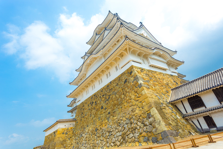 Looking directly up from the bottom of Himeji-jo stronghold, one of twelve remaining original castles, on a clear blue sky day in Himeji, Japan after 2015 renovationsのeditorial素材