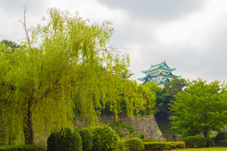 Top of Nagoya Castle visible above treeline and rampart walls on overcast day in Nagoya, Japanのeditorial素材