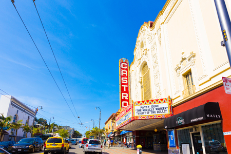 San Francisco, USA - May 10, 2016: Castro Theater and nearby shops on a sunny, blue sky summer day in the heart of the traditionally gay district of the city. Horizontalのeditorial素材