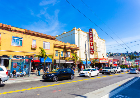 San Francisco, USA - May 10, 2016: Historic Castro Theater and nearby shops on a clear, blue sky day in the traditional gay district of the cityのeditorial素材