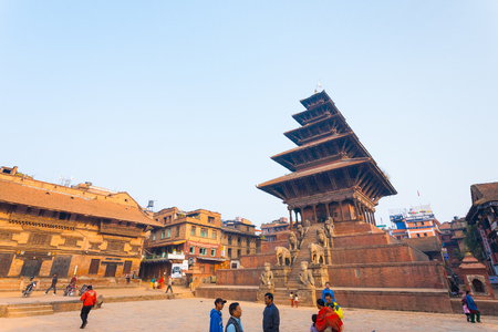 Bhaktapur, Nepal - October 31, 2013: Morning at Nyatapola Pagoda undamaged and standing tall in Taumadhi Square before 2015 Gorkha earthquake damage. Horizontalのeditorial素材