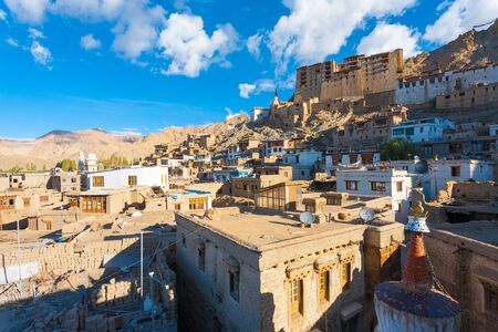 Leh Palace above cityscape of downtown Leh houses in Ladakh, India. Horizontalの写真素材