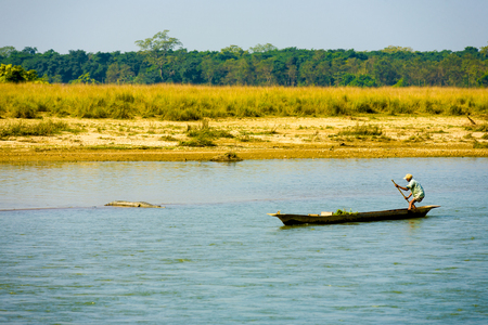 Chitwan, Nepal - December 6, 2007: A local man in boat steering clear of river crocodile in rural Nepalのeditorial素材