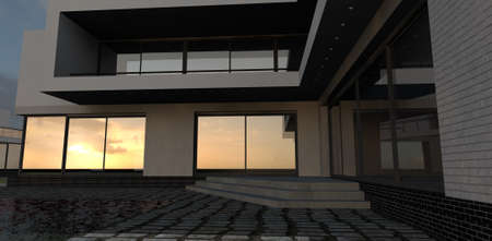 Gorgeous sunset reflected in the windows of a luxurious house built in a modern style. 3d rendering. It will be interesting to sellers of expensive real estate.の写真素材