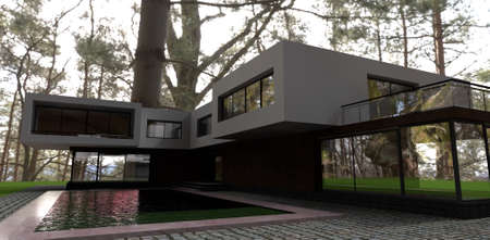 Forest reflected on a windows. High tech house with pool. 3d rendering. Good for resources about contemporary real estate design.の写真素材