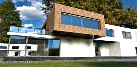 Blue cloudy sky and green summer trees. White walls. red bricks decor and large terrace of modern house. 3d rendering. May be useful for advertising luxury real estate.の写真素材