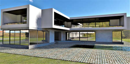 Gray marble, mossy cobblestones, lots of glass and a swimming pool. New spacious home built with advanced technology. Beautiful summer day under blue skies. 3d rendering. good pictureの写真素材