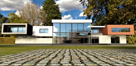 Concrete walls, gray and red brick decor, and much reflecting glass. Modern spacious house under green trees. 3d rendering. An excellent idea for those who want to choose a house desiの写真素材