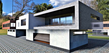 Night in the village of advanced houses. Gray brick decor and concrete looks good in the finishing of the building. 3d rendering. The picture can be used by real estate exterior compaの写真素材