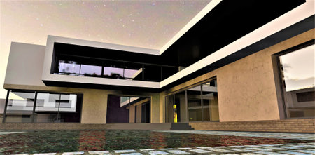 The long terrace of a luxury house above the pool. Modern design looks good at night. 3d rendering. Can be used as an advertising banner on real estate sites.の写真素材