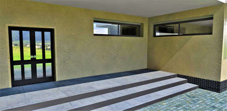 Wall decoration with small shell rock. Looks good with concrete steps. Entrance to a modern spacious house. 3d rendering. The picture may be needed by facade decorators.の写真素材