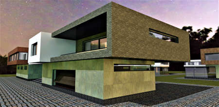 Night in the village of advanced houses. Gray brick decor and concrete looks good in the finishing of the building. 3d rendering. The picture can be used by real estate exterior compaの写真素材