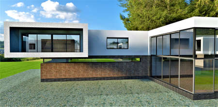 Wall decoration is white and red brick. Looks good with a glass front. Modern and spacious house. 3d rendering. The picture may be needed by facade decorating companies.の写真素材