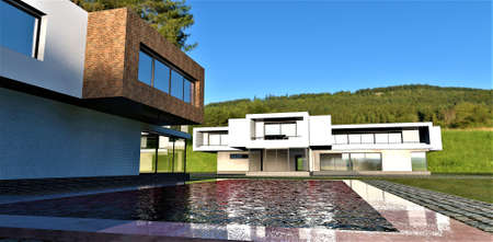 Swimming pool surface in front of a luxury building. 3d rendering. Can be useful for luxury estate sellers.の写真素材