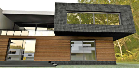 Wooden facade board and black tiles. Great idea for exterior decoration. 3d rendering. The picture may be useful for choosing a facade finish option.の写真素材